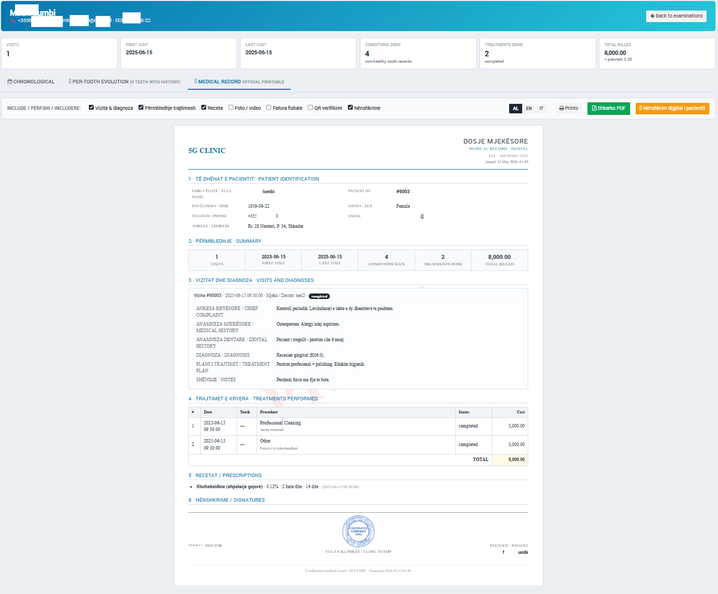 Patient medical record with treatments and prescriptions